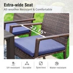 Captiva Designs 7pc Patio Slatted Top Steel Dining Table With Umbrella Hole & Cushioned Armrest Rattan Chairs -Furniture GUEST 516f9368 897f 442d 804a c3f7da563b8b 1