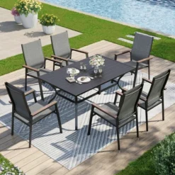 Captiva Designs 7pc Patio Dining Slat-top Rectangle Table & Textilene Chairs With Wood-like Armrests -Furniture GUEST 518c8085 88d1 431d a0ea 9af9895649d7