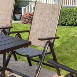 7pc Outdoor Dining Set With 7 Position Adjustable Folding Chairs & Metal Rectangle Table With Umbrella Hole - Gray/Black - Captiva Designs -Furniture GUEST 51d75cd0 3316 4b51 a213 f5310285372c