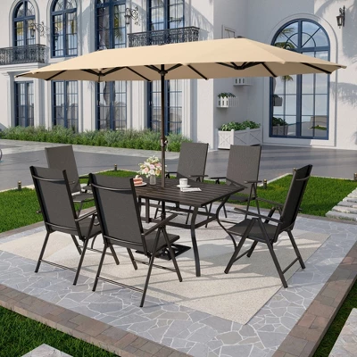 Captiva Designs 8pc Patio Slat-top Rectangle Table & Textilene Reclining Foldable Chairs & 13ft Large Umbrella 17 Captiva Designs 8pc Patio Slat-top Rectangle Table & Textilene Reclining Foldable Chairs & 13ft Large Umbrella - Image 15