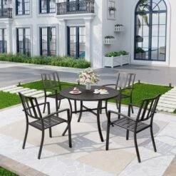 5pc Patio Dining Set With Round Table & Steel Arm Chairs With Striped Back - Black - Captiva Designs: Weather-Resistant, Non-Extension -Furniture GUEST 521915de 2d7f 41d9 abba dcb4064401a9