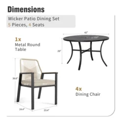 Captiva Designs 5pc Patio Dining Steel Set With Slat-top Round Table & Beige Rattan Chairs With Thick Cushions -Furniture GUEST 5317202e 6be3 4158 a4f5 78c5ec831350