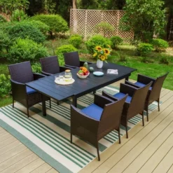 Captiva Designs 7pc Patio Slat-top Expandable Metal Dining Table & Armrest Wicker Chairs With Cushions -Furniture GUEST 5374c20f 0a67 4752 b5e3 5a3d3c3f0d83