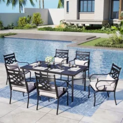 Captiva Designs 7pc Patio Dining Black Rectangular Table With Umbrella Hole & Metal Chairs With Seat Cushions And Waist Pillows -Furniture GUEST 54e3f193 913d 428f a5ca c89fd782c5b9