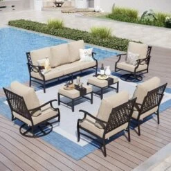 Captiva Designs 7pc Metal Patio Outdoor Conversation Set With Swivel Grid-back Chairs, Ottomans For Garden, Poolside, Backyard -Furniture GUEST 55e76a7e 8f06 4404 af80 7bde3697ac2c