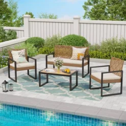Captiva Designs 4pc Conversation Set: Rattan Loveseat, Coffee Table, Weather-Resistant -Furniture GUEST 56649e84 b342 4f78 a956 e8646806fe3c