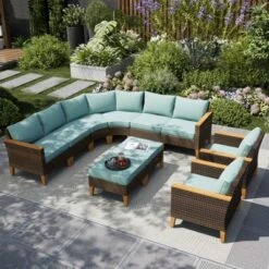 Captiva Designs 10pc Outdoor Wicker Rattan Patio Half-Moon Curved Sectional Sofa Set With Cushioned Ottoman -Furniture GUEST 56adb393 9c57 4abc 9b10 f52725971b0e