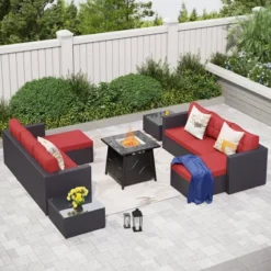 7pc Steel & Wicker Outdoor Set With Cushions & Fire Pit Table - Captiva Designs -Furniture GUEST 56fdb210 d1af 46f9 a82a dfe76c7116bc