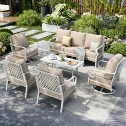 Captiva Designs 6pc Extra Large Metal And Rattan Outdoor Patio Conversation Set With Swivel Grid-back Chairs And Table -Furniture GUEST 5919a278 9334 41eb ae34 de36fba9d8cd