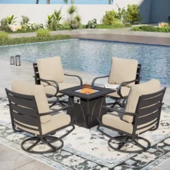 Captiva Designs 5pc Metal Patio Seating Furniture Fire Pit Set With Swivel Chairs For Garden Porch Backyard -Furniture GUEST 5acad2dd 0142 41f6 aa42 e26795bbca1e