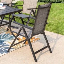 7pc Outdoor Dining Set With 7 Position Adjustable Folding Chairs & Metal Rectangle Table With Umbrella Hole - Gray/Black - Captiva Designs -Furniture GUEST 5c28bbf0 07fa 4e33 969f 36e0ca7cfa15