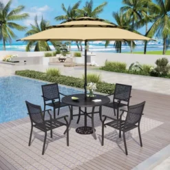 Captiva Designs 6pc Outdoor Slat-top Round Metal Dining Table & Stackable Metal Chairs & Beige Umbrella -Furniture GUEST 5c43c0b7 8d57 4c8f 86c8 189e4f93e7f9