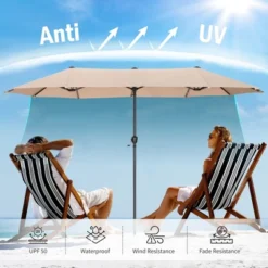 Captiva Designs 8pc Patio Geometric Pattern Rectangle Dining Table & Rattan Swivel Chairs & Beige Umbrella -Furniture GUEST 5d57da2a 1d36 4cdb 9265 153dc25d82d5 9