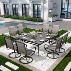 Captiva Designs 9pc Spacious Slat-top Square Metal Table With Umbrella Hole & Textilene Swivel Chairs -Furniture GUEST 5dd2353e f9e4 4331 9744 abd98d01dafd