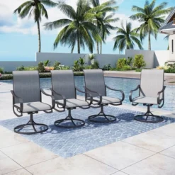 Captiva Designs 9pc Outdoor Slat-top Square Metal Dining Table And Sling Swivel Chairs
