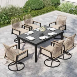 Captiva Designs 7pc Patio Expandable Steel Dining Table And Swivel Wicker Chairs With Thick Cushions -Furniture GUEST 5e331449 cd70 43e6 863e af5ccc1425cd