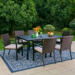 7pc Outdoor Dining Set With Rectangular Steel Table With 1.9" Umbrella Hole & Rattan Wicker Chairs With Cushions - Beige - Captiva Designs