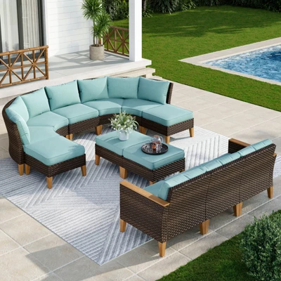 Captiva Designs 12pc Outdoor Wicker Rattan Patio Half-Moon Curved Sectional Sofa Set With Cushioned Ottoman 15 Captiva Designs 12pc Outdoor Wicker Rattan Patio Half-Moon Curved Sectional Sofa Set With Cushioned Ottoman - Image 13