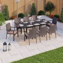 Captiva Designs 9pc Patio Rectangle Expandable Metal Dining Table & Rattan Chairs With Removable Cushions -Furniture GUEST 5f4a4e5e bc15 4cd6 b600 45f2515be74d