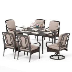 Captiva Designs 7pc Patio Dining Set With Slat-top Rectangle Table & Rattan Metal Fixed Chairs & Swivel Arm Chairs -Furniture GUEST 5faac2e9 ab47 4606 979c b8424075a3cf