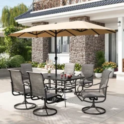 Captiva Designs 8pc Patio Dining Set With Rectangular Steel Table & Padded Sling Swivel Chairs & Market Umbrella -Furniture GUEST 610d772f 94c7 4157 a3c8 0672014528bf
