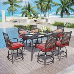 Captiva Designs 7pc Outdoor Patio Slatted Top Rectangle Metal Bar Table & Steel Swivel Bar Stools -Furniture GUEST 61ac1d49 7147 4429 be3d 210319d9930a