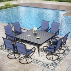 Captiva Designs 9pc Spacious Slat-top Square Metal Table With Umbrella Hole & Textilene Swivel Chairs -Furniture GUEST 62be6467 49ae 446e a7c4 b4855cdb24bb