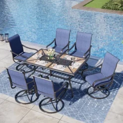 Captiva Designs 7pc Patio Dining Wood-look Rectangle Steel Frame Table & Textilene Swivel Chairs -Furniture GUEST 63a4df7d 3f1d 45a7 a4c6 ce67eb4301b9