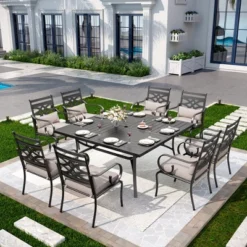 Captiva Designs 9pc Spacious Slat-top Square Metal Table With Umbrella Hole & Fixed Metal Chairs With Cushions -Furniture GUEST 642ab4aa 541f 427c bbd5 1477d6bc48dd