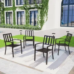7pc Outdoor Rectangular Table & 6 Chairs With Striped Design - Black - Captiva Designs: Patio Dining Set, Weather-Resistant -Furniture GUEST 66559cb2 5bc1 419a 8801 132ccdf1c63f