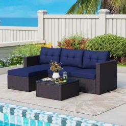 3pc Steel & Wicker Outdoor Conversation Set With Square Coffee Table & Cushions - Captiva Designs -Furniture GUEST 683261e3 aced 44ae a035 52ad1f103358