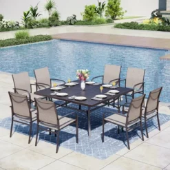 Captiva Designs 9pc Spacious Slat-top Square Metal Table With Umbrella Hole & Sling Fixed Dining Chairs -Furniture GUEST 68bd6c51 1bc5 44e0 981b 9ed678054623