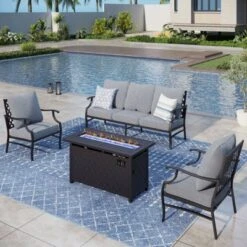 Captiva Designs 4pc Metal Patio Outdoor Conversation Fire Pit Set With Grid-back Armchairs For Garden, Poolside, Backyard -Furniture GUEST 6abd4aa4 8d90 41c6 90c8 21cb760ab0fa