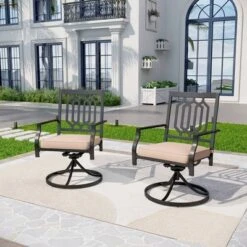 5pc 37" Wooden Top Patio Table With 4 Swivel Rocking Chairs - Captiva Designs