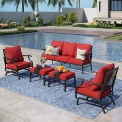 Captiva Designs 5pc Metal Patio Outdoor Conversation Set With Rocking Grid-back Chairs And Ottomans -Furniture GUEST 6dbbd0bb 8129 493e 8ffd f00b0878e2de