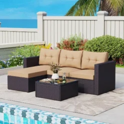 3pc Steel & Wicker Outdoor Conversation Set With Square Coffee Table & Cushions - Captiva Designs -Furniture GUEST 6de5dbba 7c2c 48d6 9e89 3b95897df4bd