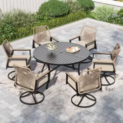 Captiva Designs 7pc Slat-top Round Steel Dining Table And Swivel Wicker Chairs With Thick Cushions -Furniture GUEST 6fc6333a 3984 4a3e ad3d d5fba8da39e3