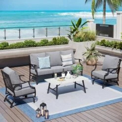 Captiva Designs 4pc Patio Outdoor Conversation Set With Rocking Grid-back Chairs For Garden, Poolside, Backyard -Furniture GUEST 706097ab 2476 43ee 86ba abb69f202667