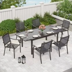 Captiva Designs 7pc Patio Slat-top Rectangle Dining Steel Table & Armrest Metal Chairs -Furniture GUEST 73005995 2ddd 433f a3b2 6cd8aa8fcbd5