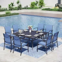 Captiva Designs 9pc Spacious Slat-top Square Metal Table With Umbrella Hole & Sling Fixed Dining Chairs -Furniture GUEST 74b2218c ab25 42a9 aa1d 41830a2e74a2