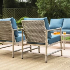 Captiva Designs Coastal 4pc Patio Steel And Rattan Fire Pit Set With Cushions -Furniture GUEST 75267503 8de3 4965 9d43 324fdf78af43