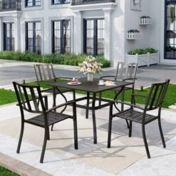 5pc Metal Indoor/Outdoor 37" Square Striped Dining Table With Arm Chairs & 1.57" Umbrella Hole - Captiva Designs -Furniture GUEST 77a38ee8 4da1 4ff3 938f e6aecbd65838