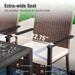 Captiva Designs 7pc Patio Slatted Top Steel Dining Table With Umbrella Hole & Cushioned Armrest Rattan Chairs -Furniture GUEST 77fb5845 2d66 4034 91fb 80e4060c04c0 5