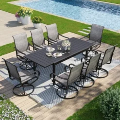 Captiva Designs 9pc Patio Dining Set With Slat-top Adjustable Steel Rectangle Table & Textilene Swivel Chairs -Furniture GUEST 78b66764 2bb4 4238 b6e5 8254f52598bf