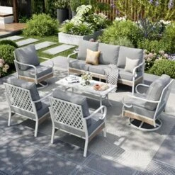 Captiva Designs 6pc Extra Large Metal And Rattan Outdoor Patio Conversation Set With Swivel Grid-back Chairs And Table -Furniture GUEST 78bf7489 80de 4f4a b2ac 46d0728fd26e
