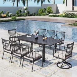 Captiva Designs 9pc Patio Dining Set With Slat-top Adjustable Steel Rectangle Table & Stylish Metal Arm Chairs -Furniture GUEST 78f71344 26fc 491c b17c 7251cdb89c81