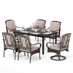 Captiva Designs 7pc Patio Dining Set With Slat-top Rectangle Table & Rattan Metal Fixed Chairs & Swivel Arm Chairs -Furniture GUEST 7997a6e8 f99d 43fc ba53 0fb9de01cae7
