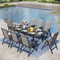 Captiva Designs 9pc Patio Dining Black Expandable Steel Rectangle Table & Foldable Padded Sling Chairs -Furniture GUEST 7a18f7d8 89cc 4771 8e31 9492a0f9f125