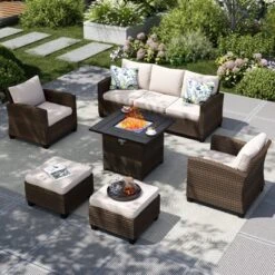 Captiva Designs 6pc Outdoor Patio Wicker Rattan Fire Pit Set With Cushioned Ottomans And Single Sofas -Furniture GUEST 7acefbe0 5617 4847 9a50 278a86d6323a