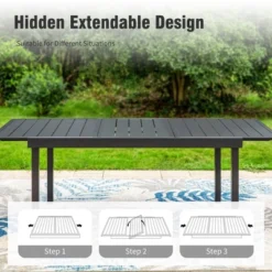 Captiva Designs 7pc Patio Dining Rectangular Black Steel Table & High Back Padded Grayish Brown Sling Armrest Chairs